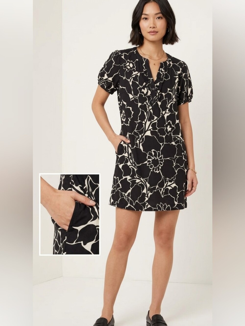 SILK Nine West Black & Cream Floral V-Neck Tunic DRESS